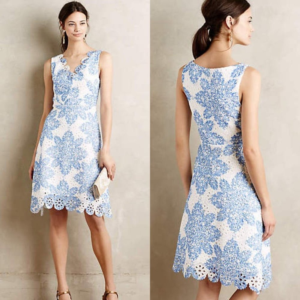 Anthropologie White and Light Blue Floral Lace Sleeveless Dress